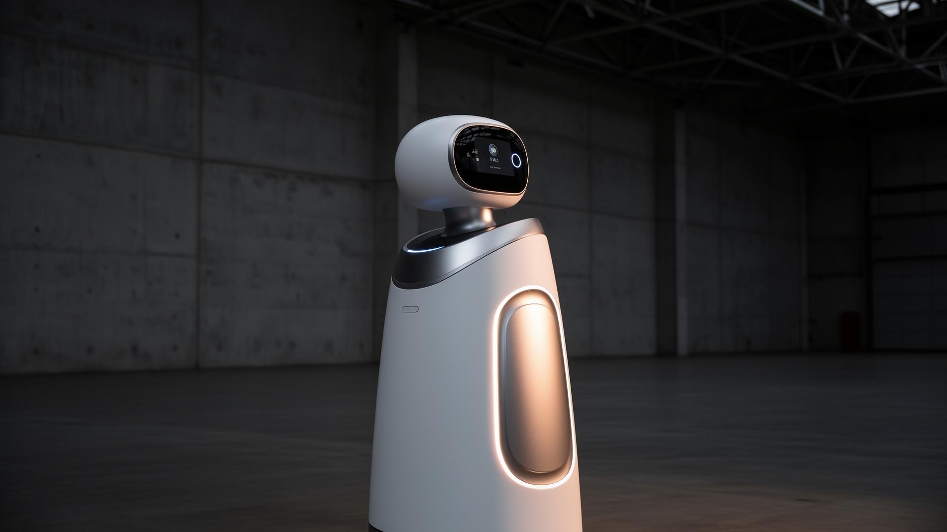 Unit X-1 Concierge humanoid robot in an aerospace hangar